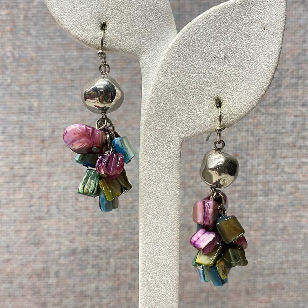 Boho Dangle Earrings Silver Tone Shell Beads Bell Sound Beach Vacation Coastal
